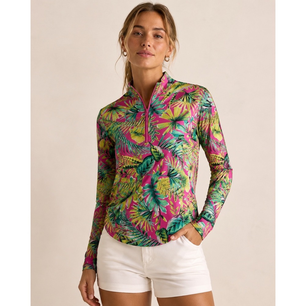 Tommy Bahama Active Womens Small Pink Tropical Palm Leaf Quarter Zip Pullover S